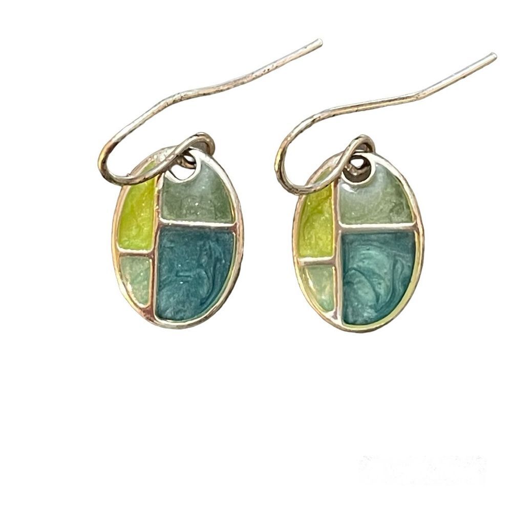 Vintage glazed enamel drop pierced earrings. Silver-toned with greens and blues.